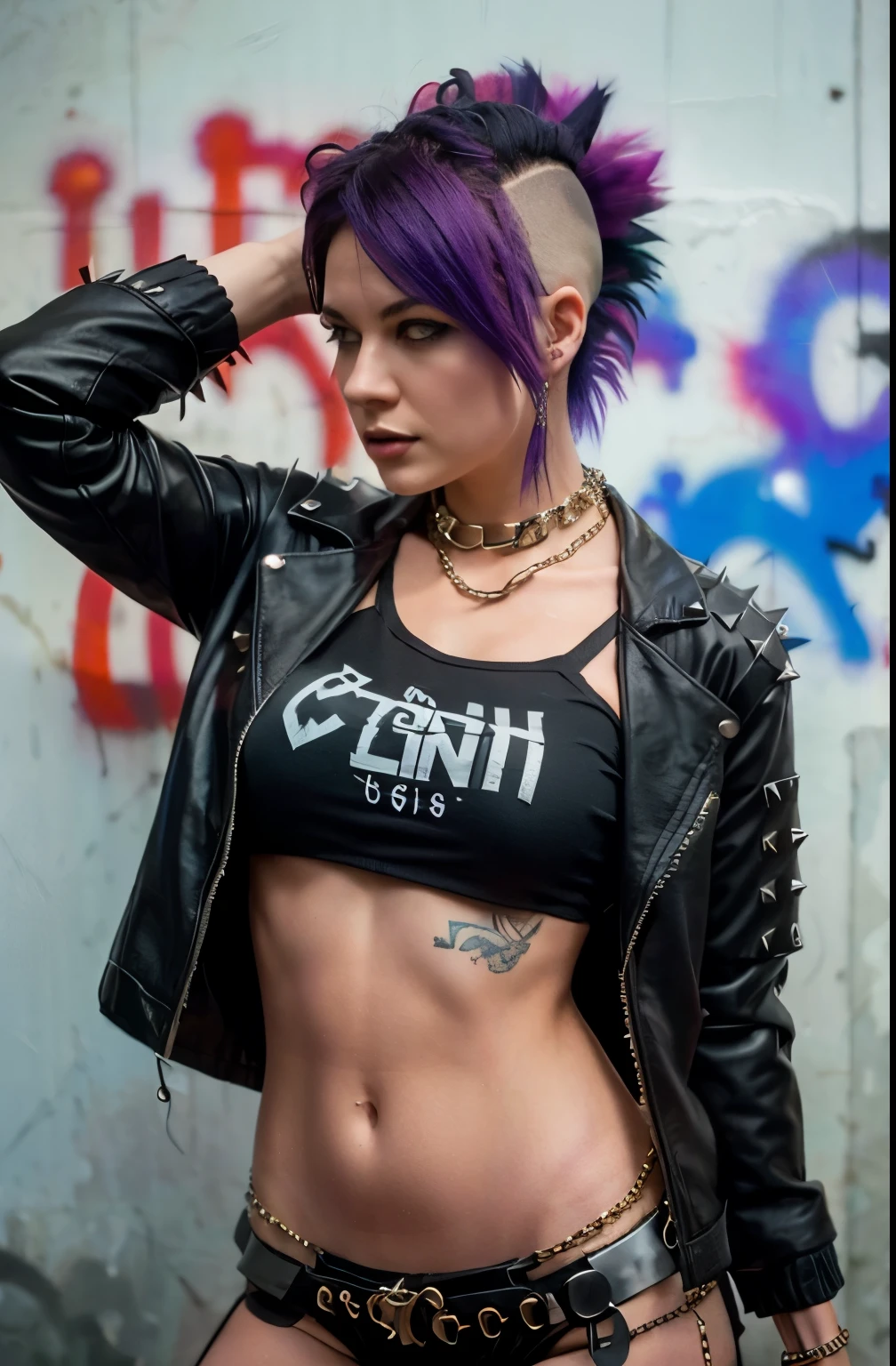 (Artwork, best quality:1.2), 1 girl ,intrincately detailed, "Punk Girl", in dynamic pose, ((spiky mohawk hair, purple punk hair, wearing a black jacket, chains, Rocket style, tatuados , hot body, abdomen)) . Shallow depth of field, vignette, highy detailed, high budget, bokeh, cinemascope, temperamental, epic, marvelous, film grain, grainy. ((Abandoned Graffiti Wall Background, cinematic lighting )).