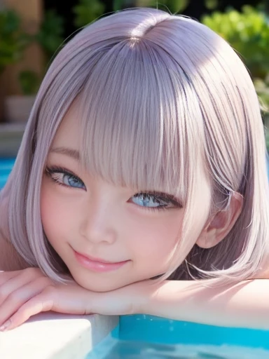 Only the face is visible above the surface of the pool、tilt your head slightly、1 girl、Bob Hair、Silver Hair、Wet、smile、masterpiece:1.3、Highest quality、Raw photo:1.2、