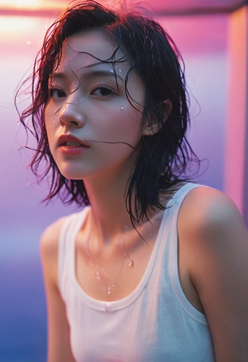 xxmixgirl, 1Girl wet T-shirt water drops, Splash Detail, Surreal dramatic lighting (commend, simulation), kodak film，author：Brandon Woelfel Ryan McGinley