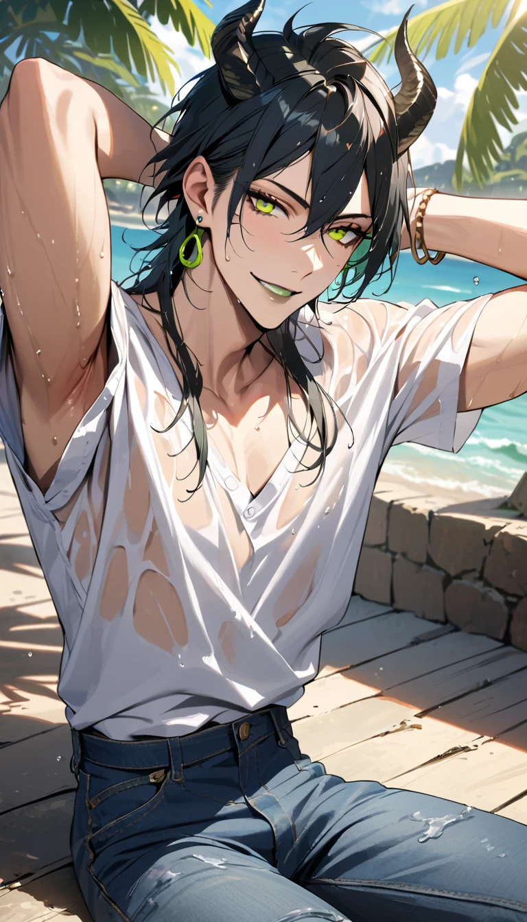 masterpiece, highres, absurdres, illustration, ((masterpiece:1.4, best quality)), (Ultra detailed background), 1boy, arms behind head, handsome man, highly detailed beautiful face and eyes, beautiful eyes, (sharp detail:1.3), shiny, earrings, bracelet, (wet clothes:1.3), Shirts, Bari, Cebu Island, plumeria, near the beach, dynamic angle, 1boy, sitting on floor, topless, jeans, dynamic angle, malleus draconia (twisted wonderland) horns, bishounen, boy, male, yana Toboso style, long hair, black hair, yellow green eyes, smile, gray lips, handsome, skinny, tall, yellow green glow,