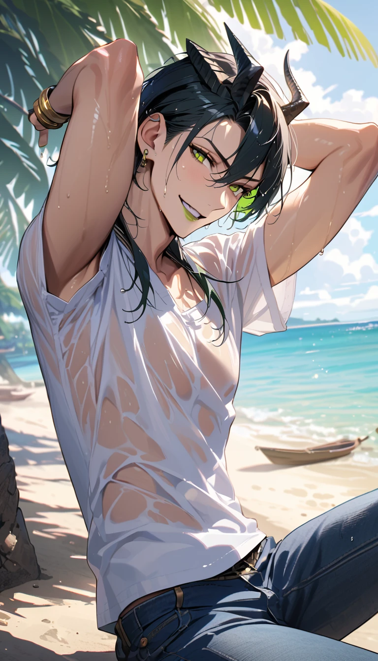 masterpiece, highres, absurdres, illustration, ((masterpiece:1.4, best quality)), (Ultra detailed background), 1boy, arms behind head, handsome man, highly detailed beautiful face and eyes, beautiful eyes, (sharp detail:1.3), shiny, earrings, bracelet, (wet clothes:1.3), Shirts, Bari, Cebu Island, plumeria, near the beach, dynamic angle, 1boy, sitting on floor, topless, jeans, dynamic angle, malleus draconia (twisted wonderland) horns, bishounen, boy, male, yana Toboso style, long hair, black hair, yellow green eyes, smile, gray lips, handsome, skinny, tall, yellow green glow,