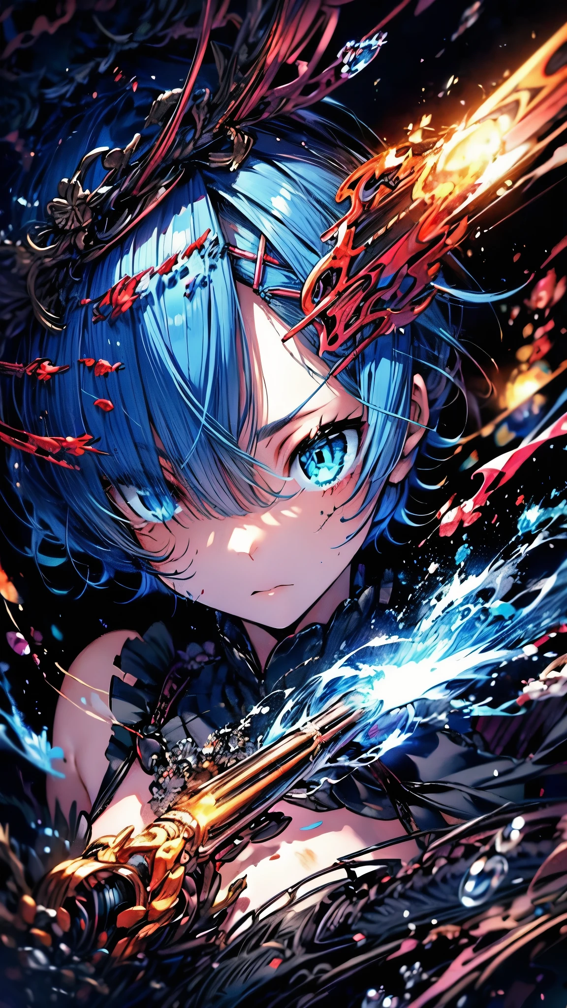 (Highest quality),(masterpiece), 8k,Very detailed, Detailed light, Best Shadow,Detailed reflective eyes, Beautiful Eyes, Very detailedな顔,Shiny Hair,One person,Gloss,semi-long,Blue Hair,Blue Eyes,enchanting,Expressionless,Quiet anger,full moon,hair ornaments,whole body,front,fan,darkness,face is dirty for painting,Dynamic Angle,