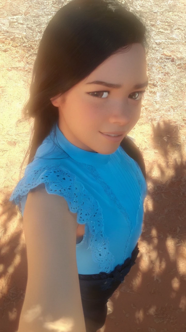 Movie style poster with the name Luna, with a light-skinned eight-year-old Brazilian , long black hair not very straight, small black eyes, [[sem make]], with a red and flowery dress , urban environment, radiant day, disney pixar style