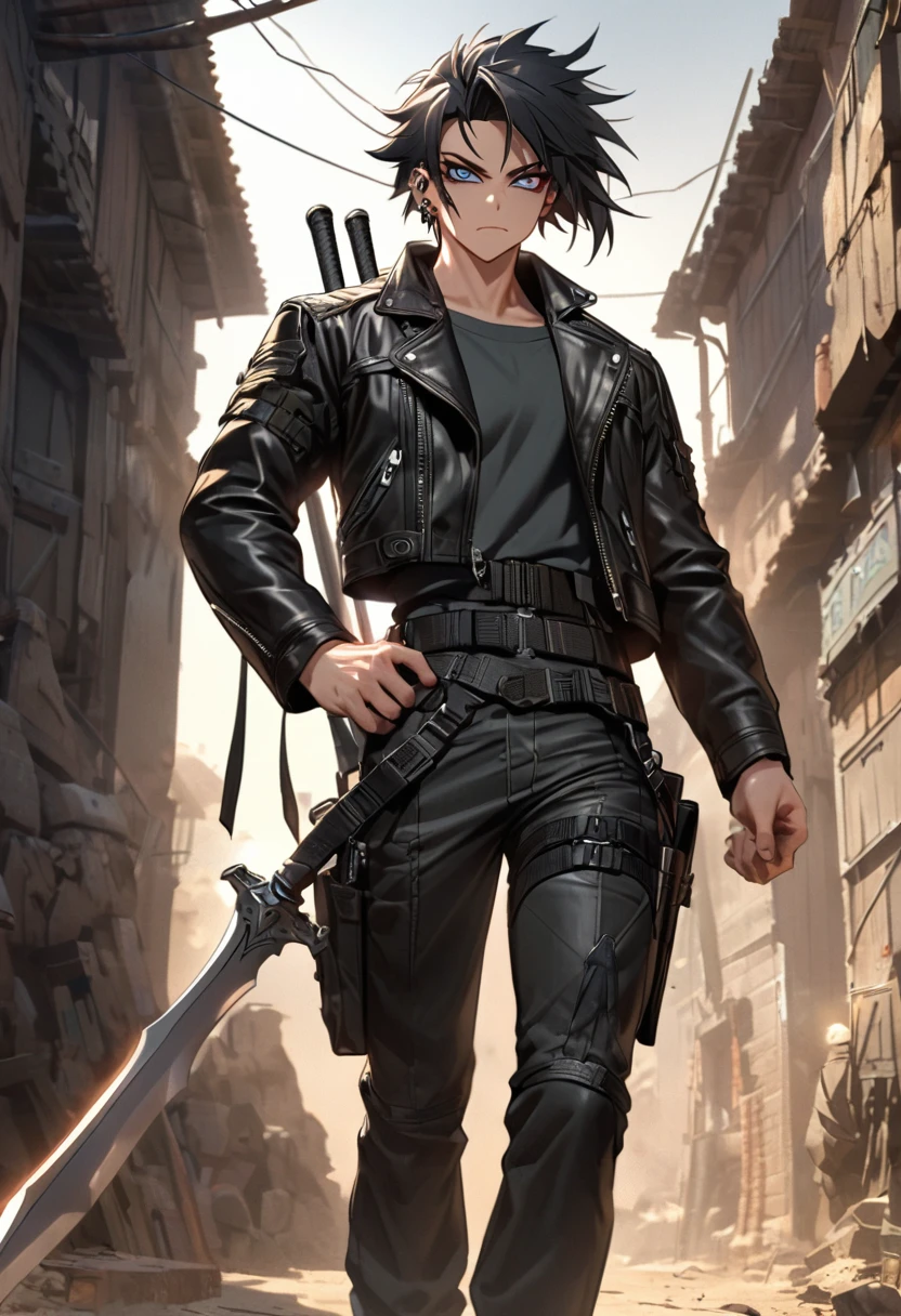 anime styling, Qin Yu, a young man with black hair and piercing eyes, wears a sturdy leather jacket and tactical pants. He holds a long, gleaming sword on his back and several daggers strapped to his belt.. He&#39;s standing in an apocalyptic city, with ruins of modern buildings around, debris in the streets and vegetation beginning to take over the structures. The sky is cloudy and gloomy with a sunset orange hue. Little drones float around you, and there is an aura of bluish light emitting from the technological device on his left wrist.