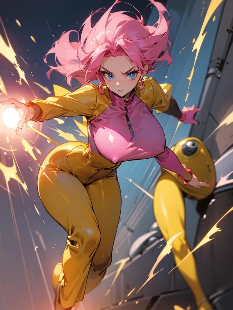 a mature woman , hero pose, big pink hair, shining blue eyes, dark yellow jumpsuit. hero pose, big breasts35 years old, running away from an old UFO, looking at the camera