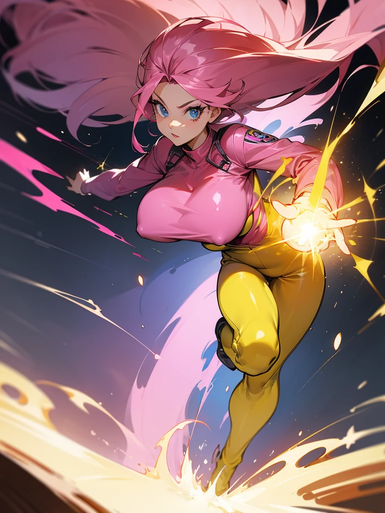 a mature woman , hero pose, big pink hair, shining blue eyes, dark yellow jumpsuit. hero pose, big breasts35 years old, running away from an old UFO, looking at the camera