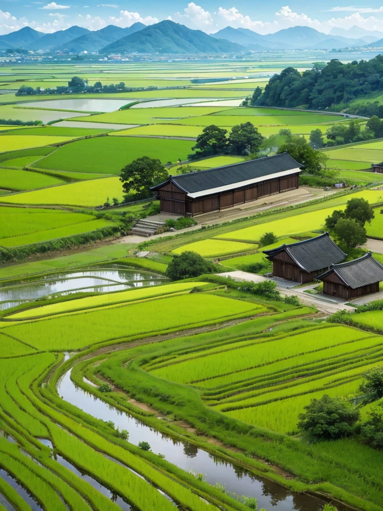 Peaceful scenery、The rice fields are spreading、A row of cute houses、Landscape painting