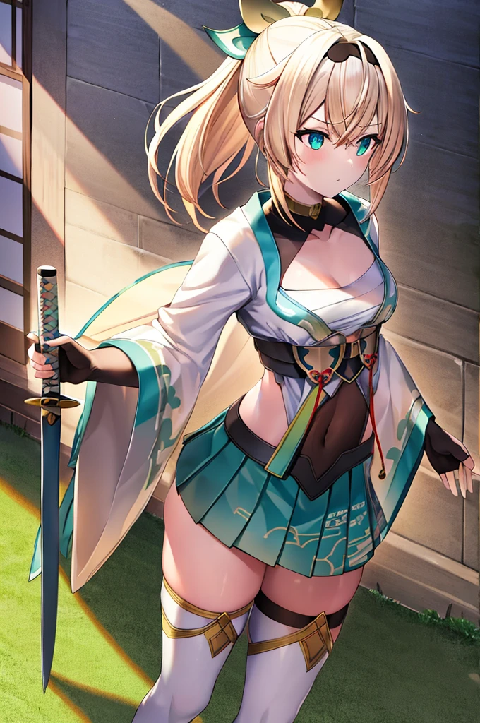 (muste piece), (best quality), (score_9, score_8_up, score_7_up), very detailed eyes, expressive eyes, perfect face, very detailed face, highly detailed face, beautiful girl, 8K, beautiful girl, white background, delicate and beautiful face and eyes, dark intense shadow,
 1 girl, vtuber style, cool girl, hololive, kazama iroha, blonde hair, fingerless gloves, gloves, sarashi, thighhighs, japanese clothes, white thighhighs, skirt, haori, black gloves, hairband, bangs, sheathed, pleated skirt, ponytail, chest sarashi, breasts, sheath, green eyes, hair between eyes, black hairband, hair ornament, leaf hair ornament, long sleeves, covered navel, miniskirt, small breasts, sharp gaze, serious expression, holding weapon, holding katana, green sheath, bamboo forest, bamboo leaves falling, Soft sunshine, (full body), from back, looking forward,