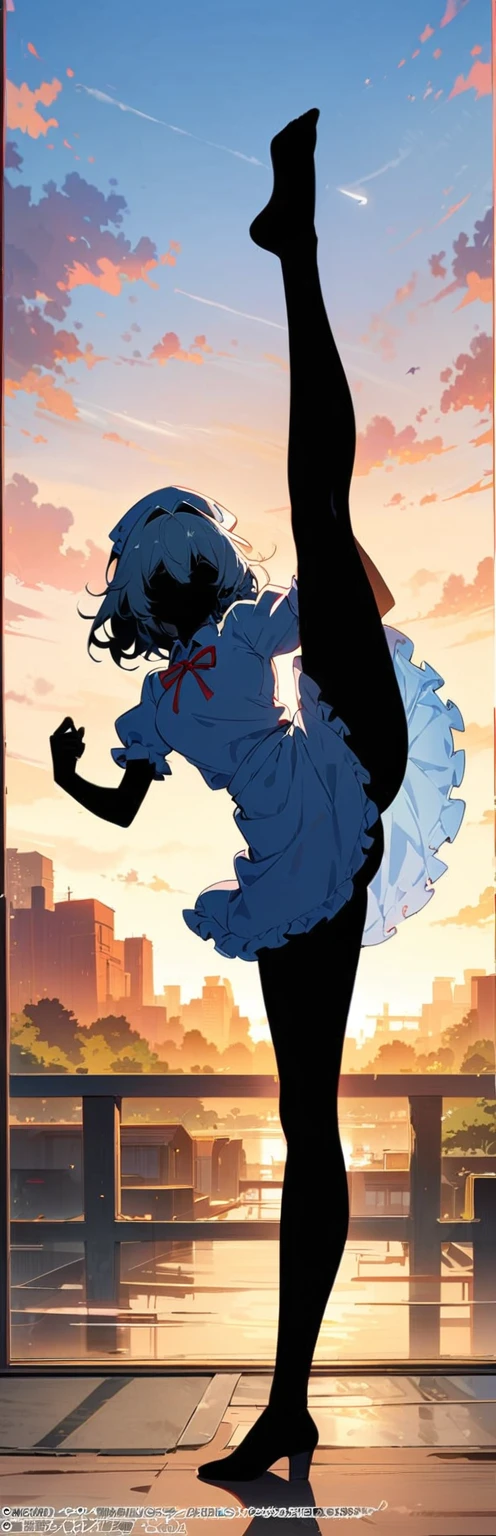 masterpiece, best quality, very aesthetic, absurdres, newest, 1girl, solo,standing_split, Silhouette Art of 1girl, multiple exposure, sunset, enhance, intricate, (best quality, masterpiece, Representative work, official art, Professional, unity 8k wallpaper:1.3),,izayoi sakuya, touhou,,in aquarium,blur background,background defocus,