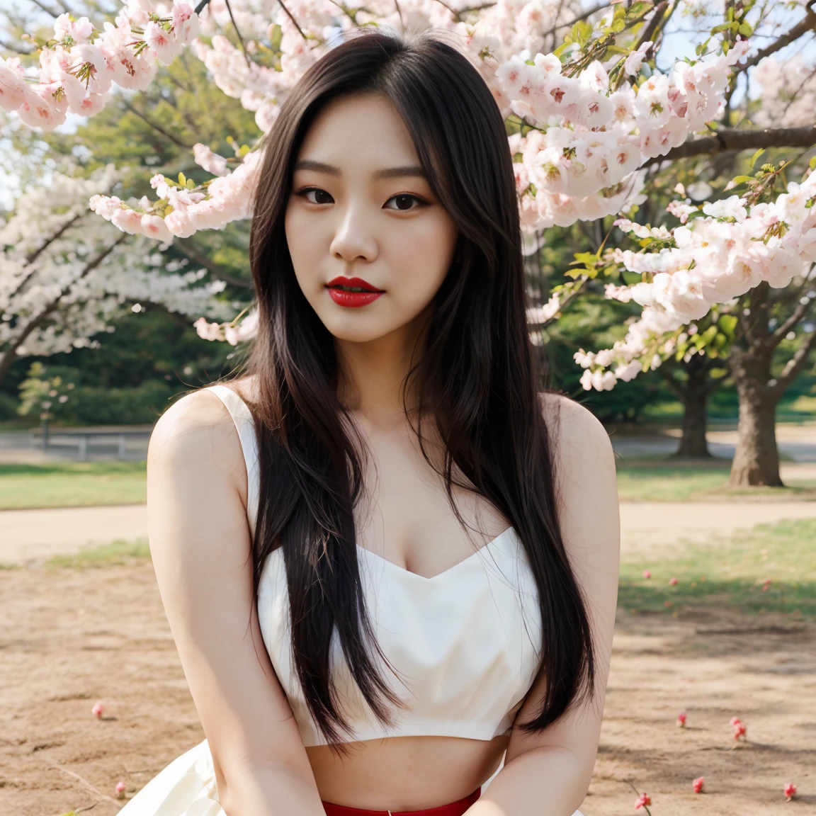 A beautiful young Korean woman with long black straight hair and full red lips posing for the camera in a park full of cherry trees