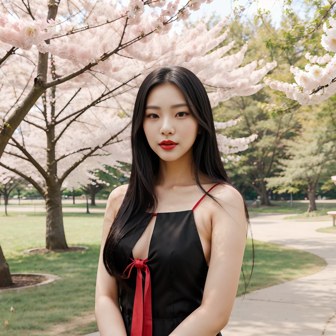 A beautiful young Korean woman with long black straight hair and full red lips posing for the camera in a park full of cherry trees