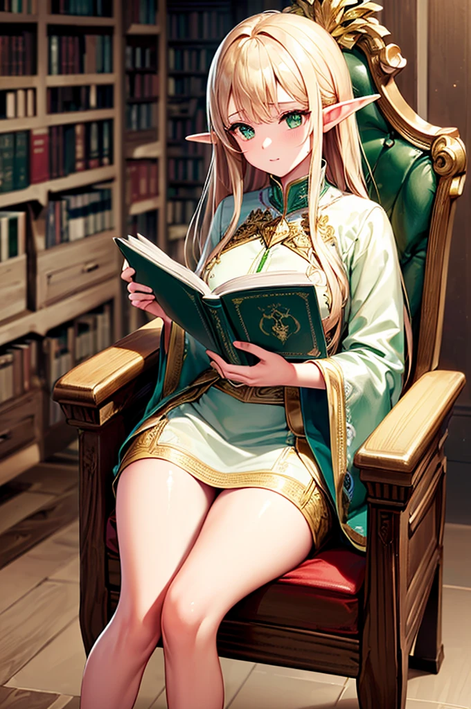 (((masterpiece, Highest quality, High resolution, Attention to detail)))), One, ((Fantasy)))), (Elf Woman)))), (White short skirt with gold embroidery), (Long straight blonde hair), (Shiny dark green eyes), (Green surcoat with gold embroidery), big, (((Royal Capital National Library)), (A large space with lots of books)), sitting in a chair reading a book , Particles of light flying