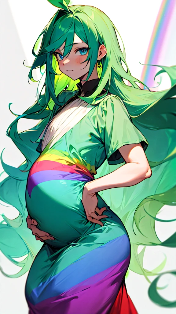 Pregnant trans man,long dark green hair, blue eyes, rainbow dress