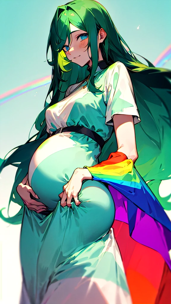 Pregnant trans man,long dark green hair, blue eyes, rainbow dress