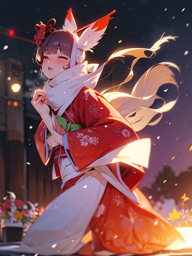 (Sumilux f1.4 50mm , low Latitude old color negative film , cross process , bokeh, flare, chromatic aberration , soft focus, (Shallow focus) , soft glow , Maximum aperture, High Key , Transparent depiction)  , kawaii hentai anime , Japanese Heian period , Royal girl, kitsune mask , (round Maro eyebrows) , kimono , (Peony flowers blooming:0.8) , Snow is falling , steamy breath , Kagura Dance , passion