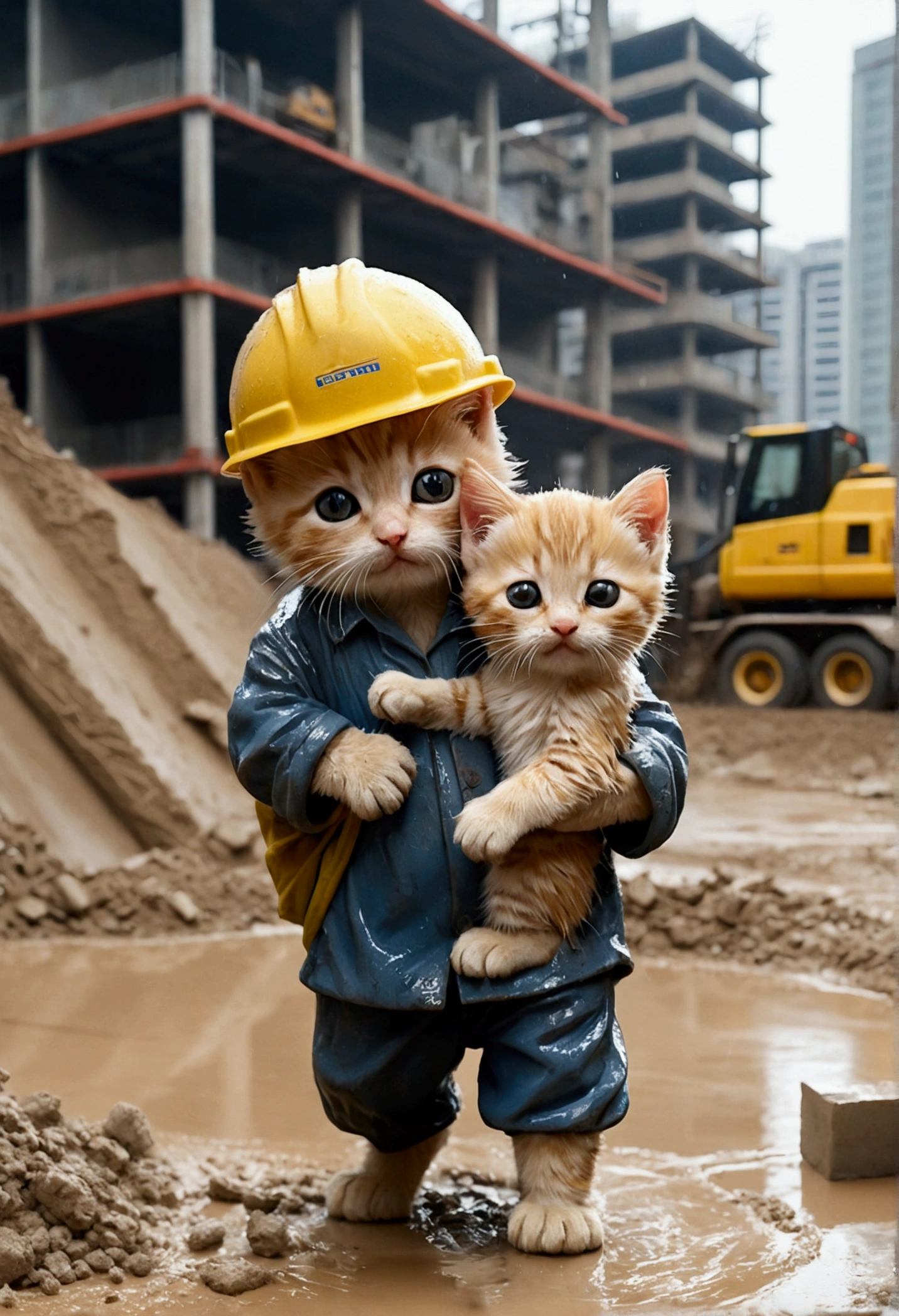 In heavy rain,A soaking wet、Dirty anthropomorphic kitten wearing ragged clothes,Carrying a heavy bag of cement。There's water all over the ground,The background is a construction site,Crying workers carrying cement。The picture is very real,Rich in details。Scale 1.1(Default 1.1