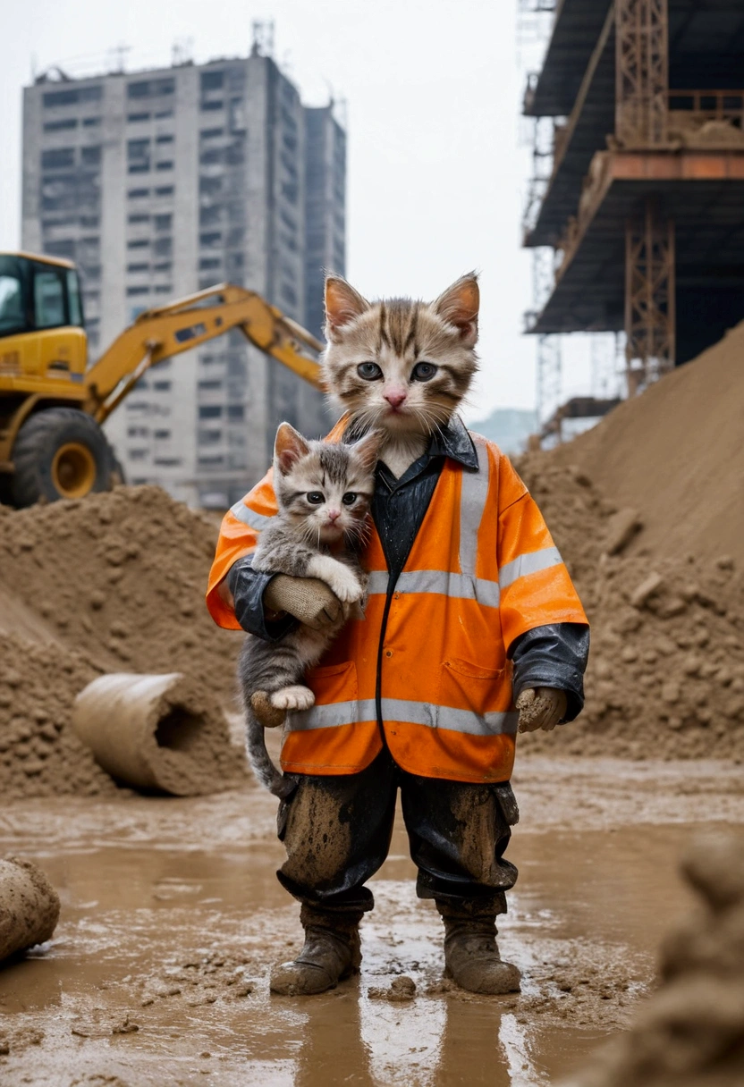 In heavy rain,A soaking wet、Dirty anthropomorphic kitten wearing ragged clothes,Carrying a heavy bag of cement。There's water all over the ground,The background is a construction site,Crying workers carrying cement。The picture is very real,Rich in details。Scale 1.1(Default 1.1