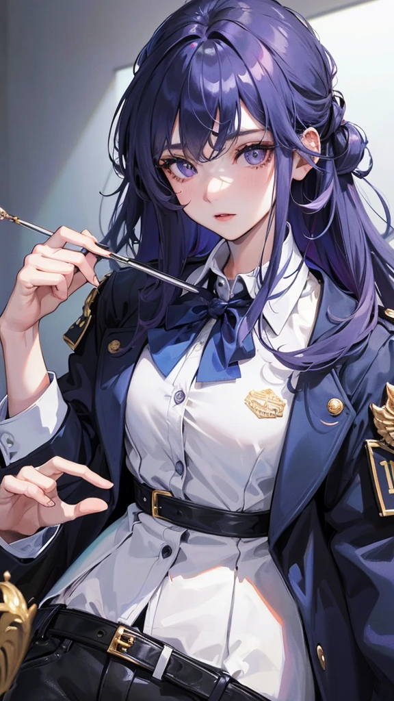 (Top resolution、Distinct_image)top-quality、(A girl) 、masterpiece、highly detailed, half body, Semi-realistic、 purple eyes 、18year old,
( blue hair) ,young 、Exquisite facial features、Facial features ,variation potrait, long hair , teenage, cool , cold sharp eyes, , {Very detailed 8k CG unit wallpaper}, students, whit oversized shirt , black tie, music classroom, (blue jacket on top)