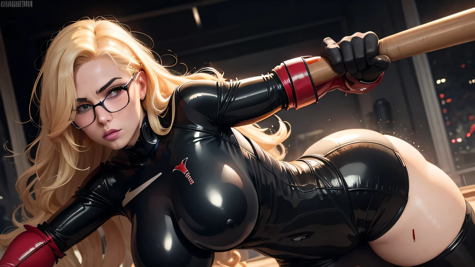 a curvy sexy woman with blond hair und einem roten haaraband, dressed in full black latex bodysuit with a huge baseball bat heavily sweaty with lots of blood, glasses