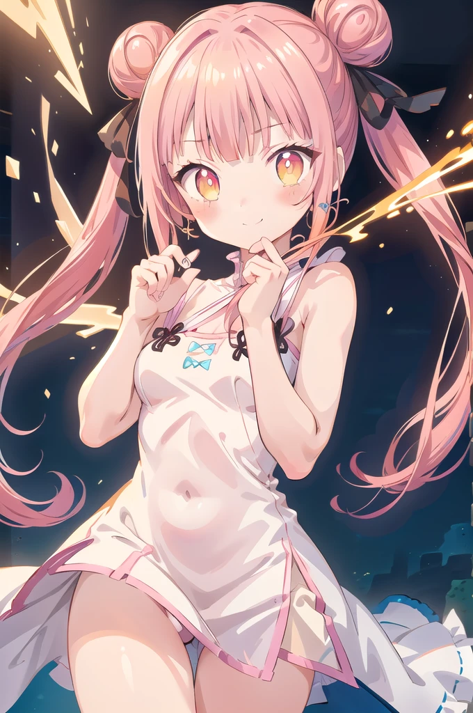 1girl,solo,cowboy shot,standing,(pink hair:1.2), hair bun, double bun, twintails, hair ornament, blunt bangs,(orange eyes:1.2),yellow pupils,(beautiful fingers),masterpiece,best quality,(Ultra high definition eyes:1.2),8k,(Beautiful detailed eyes:1.2),(Fine and beautiful eyes:1.2),(pretty eyes:1.2),finely detail,extremely CG, absurdres,high resolution,illustration,Detailed and beautiful outlines,finely detail,high resolution,(colorful refraction:1.4,Increase saturation:1.2),beautiful lighting,dynamic lighting,closed room,black background,simple background, smile,looking at viewer,tao,dress, white dress, sleeveless dress