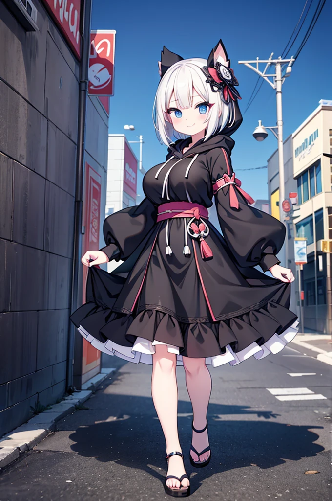 Anime-style image of a woman with white hair and black clothing, Cute 3D anime girl render, Cute anime waifu in a nice dress, Anime VTuber Full Body Model, Anime girl in a black hoodie, Gothic Maiden Anime Girl, Highly detailed characters, Official character art,Onmyoji,Big Tits,Bobcut,smile