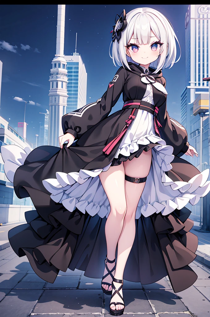 I am on the roof of a building where I can see the night view of Tokyo at midnight、White medium shorthair with blue-purple mesh、Looking at me with a smile、Black sneakers with white shoelaces、Large black witch hat with sapphire accessories、Blue eyes with highlights、Crisp and slightly pinched eyes、27-year-old woman with small breasts、small tits、Small、discreet breasts、Looking at me with a smile、Black long coat、Black Midi Skirt、White inner camisole、white t-shirt、hiquality、High Details、The background is a night view and a starry sky