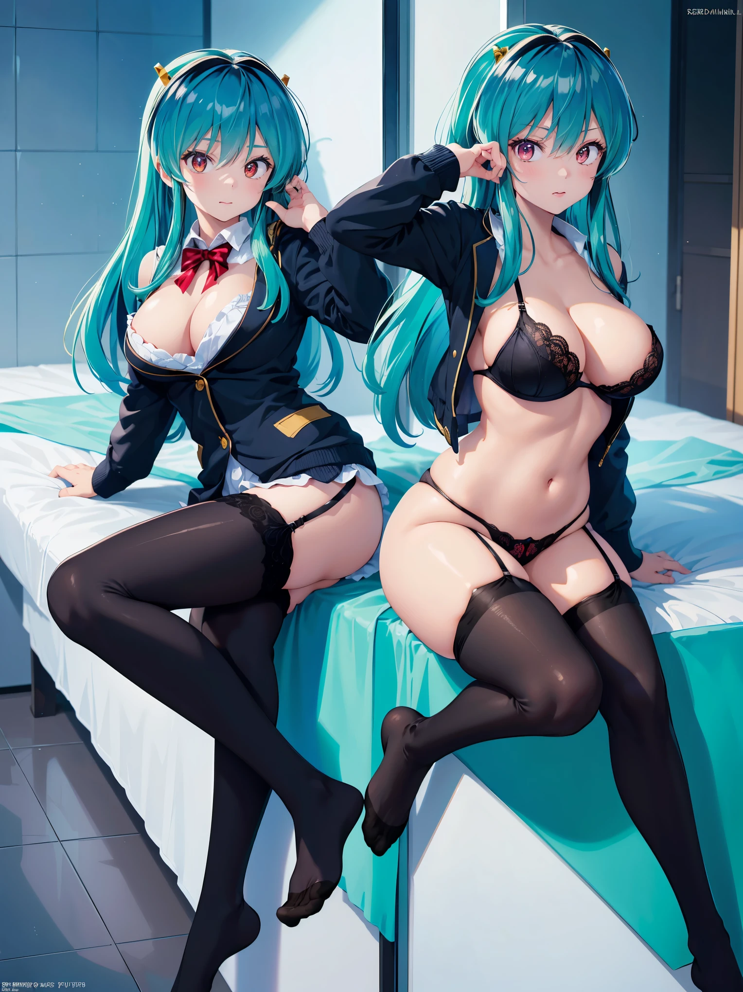 (1 Girl),(high quality), (High resolution), (Very detailed), (8k),(Demolition paperback correct)、Urusei Yatsura、Ram-chan、((Sexy Lingerie))、Wearing a blazer、((Focus on the whole body))、Nipple Shape、((Black knee-high stockings))、Hair messed up by the strong wind、Neutral White Lighting,Sexy pose、