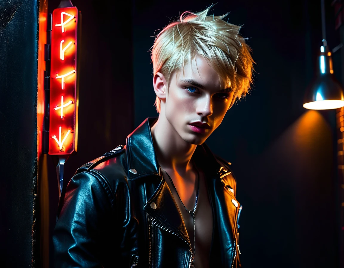 Hyper realistic, dark vibes, solo, young man, boyish face, 22 years, pale skin, model (skinny:1.2), blue eyes, (short textured blond hair:1.2), tussled side swept fringe to the right, black leather jacket, holding sharp knife, dark lighting, night BDSM club background, foreboding, sexy, attractive, demon, incubus, evil, dark, sadistic expression (smirk:1.1), (red neon sign din background that says "CONTEXT":1.2)
