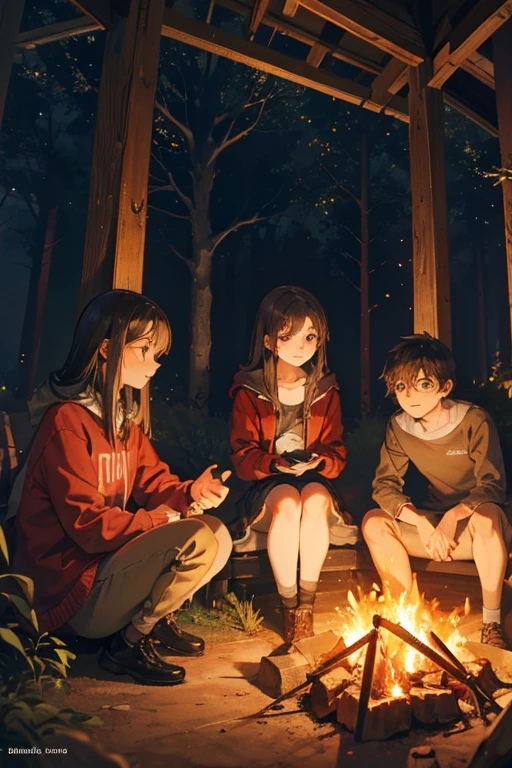 An inviting and well-lit campfire scene with teenagers sitting around it, sharing their own spooky stories. Encourage viewers to like, subscribe, and share their experiences in the comments.