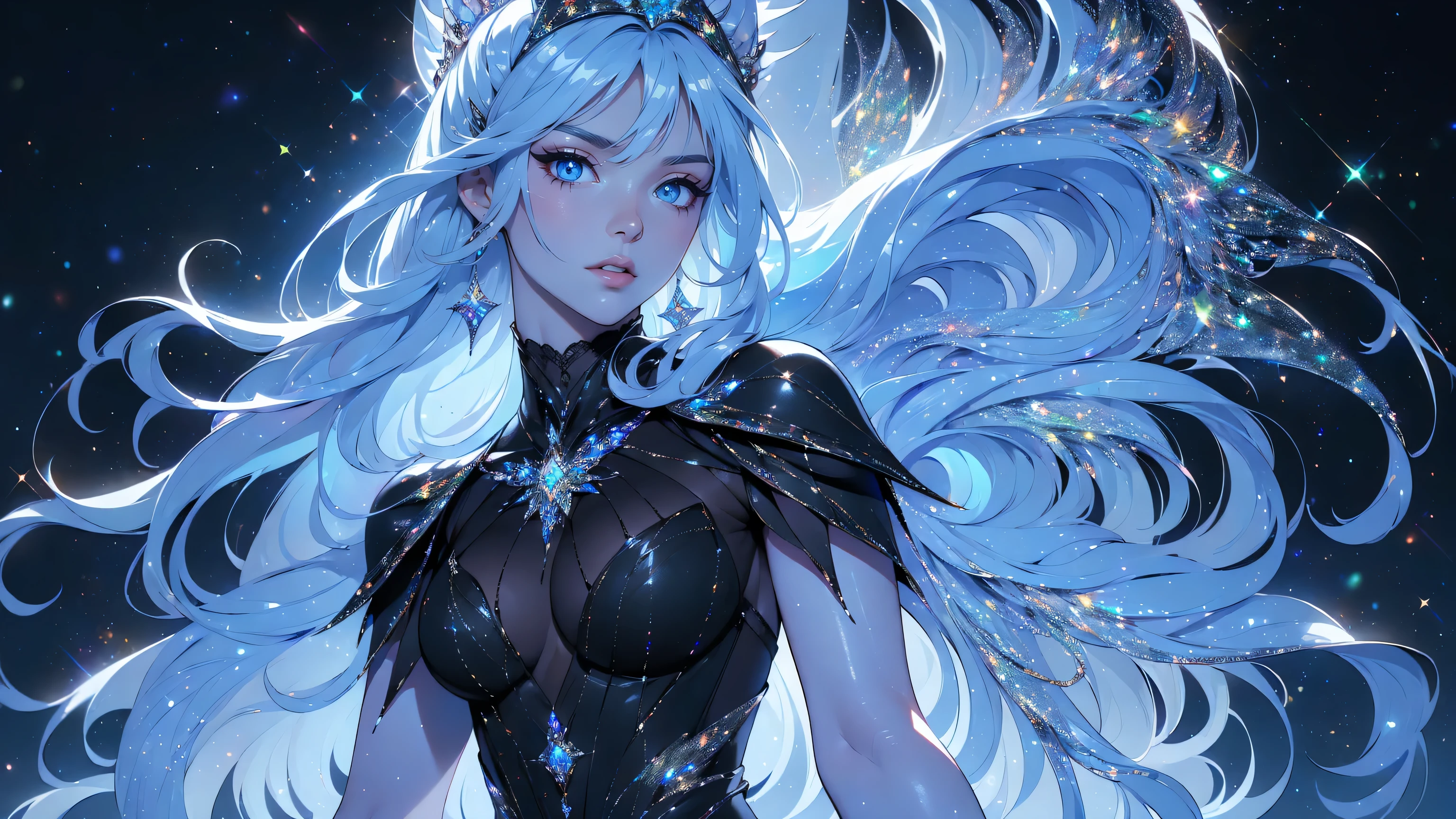 (rear view, backside view),{-erro_de_anatomy:1.0}, (La mejor calidad,A high resolution,Ultra - detallado,actual),Ariana Grande, highest quality, (perfect face:1.1, (high detail)1.1, sweet stardust vampire , long soft white hair, perfectly drawn face, black dress, stars detailed background, prismatic lighting, glitter, whole bod., Very sexy, walking, holding a crystal star in her hands, backwards, looking back, (ojos hermosos azules :1.4), (perfect anatomy:1.4),( fondo cristales de cuarzo gigantes:1.4), (detailed face:1.4),( mostrando su trasero hermoso grande), (no mutaciones),( lingerie negro :1.4 ), (convexo dedos detailed:1.4 )