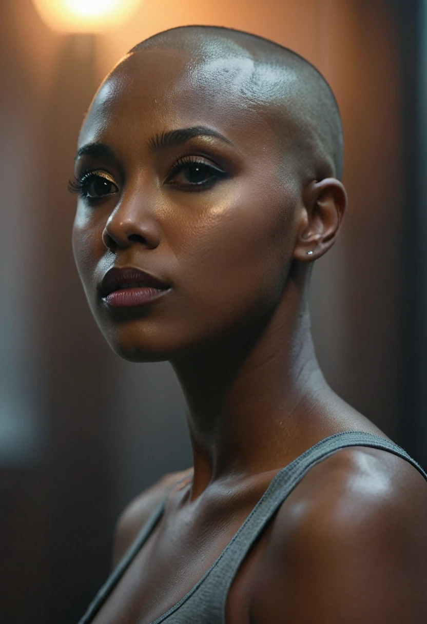 1 woman, inside a medieval training camp, round neck, facial features, dark, feminine eyes, detailed dark black skin, shaved head with no hair, strong expression, dramatic lighting, cinematic composition, female body muscles defined, cold palette and warm color palette, atmospheric fog, pretty face, thin chin, beautiful bald black woman, (best quality, 4K, 8K, high resolution, art: 1.2), ultra-detailed, (realistic, photorealistic, photorealistic : 1.37)