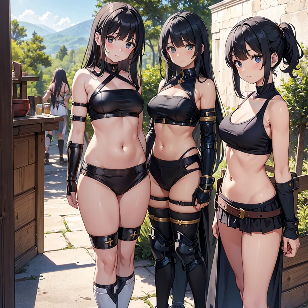 young greek warriors girls in togas , only girls , forest in the background , sandals , forest in the background , light armor , elbow pads, knee pads, shoulder pads, black armor , sandals , sexy, exposed belly, muscular girl, defined abdomen,stomach, multiple girls, looking at viewer , long hair, bare shoulders, outdoors, sandals