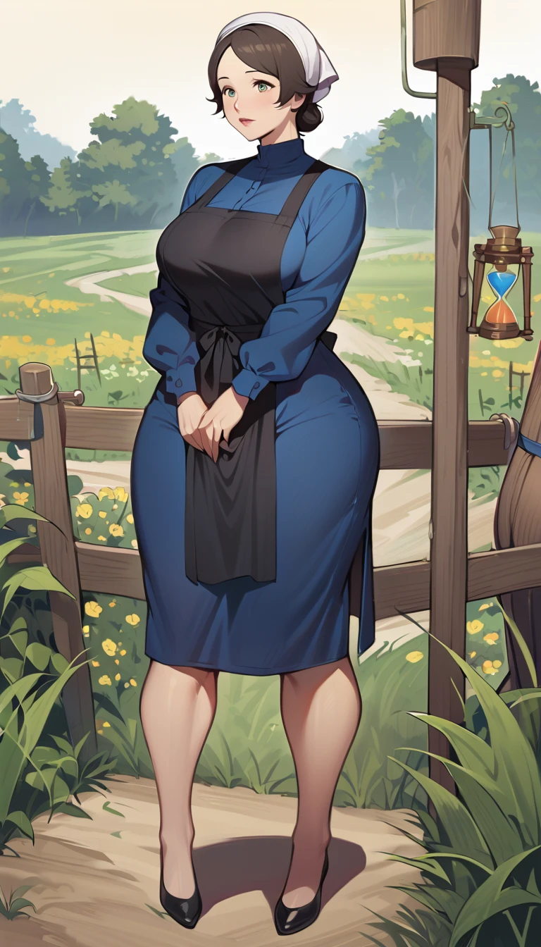 1woman, adult amish woman, 40 years old, pale skin, long sleeved blue dress, she wears small black apron over her blue dress, full body shown, very short brown hair in a conservative style, white bonnet kapp that covers a majority of her hair, wide hips, thick thighs, wearing simple black flats, thick legs, slightly below the knee dress, slight face wrinkles, tight sleeves, standing upright in a farm field, no makeup, hands on lap, side view, aged face, busty, hourglass body figure, rosy cheeks