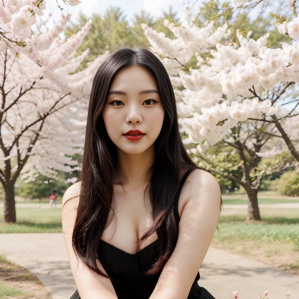 A beautiful young Korean woman with long black straight hair and full red lips posing for the camera in a park full of cherry trees