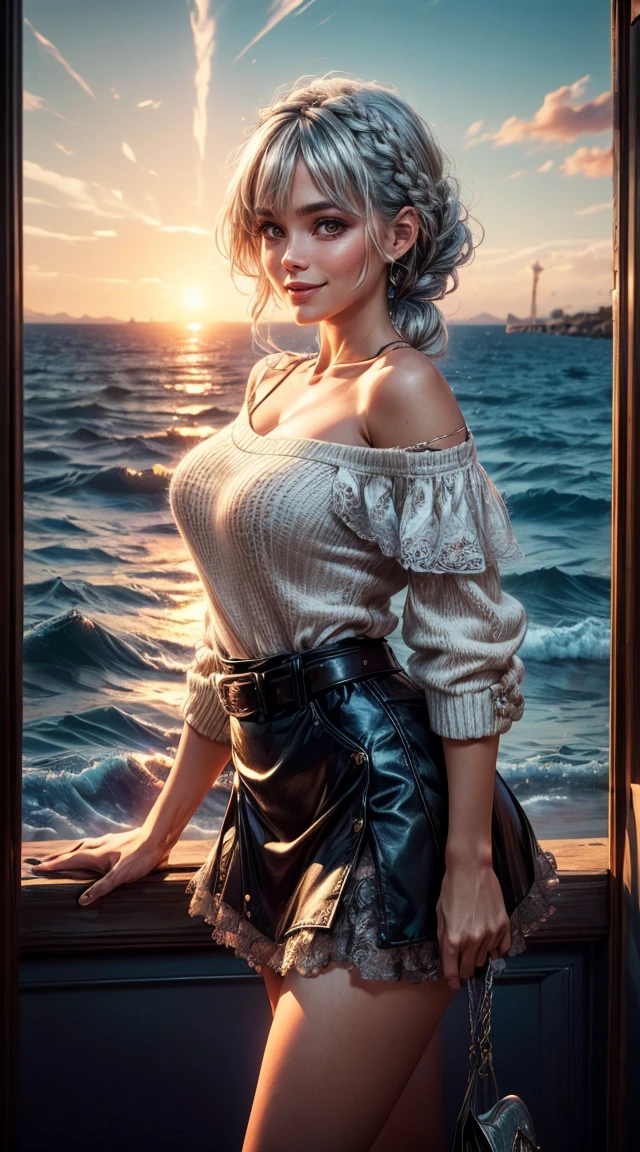 sunset city,The actress is a very beautiful Western adult woman....... Ruffled Bobbin Lace Mini Skirt,Cara sexy, belt bag, Oversized Bobbin Lace Loose Sweater, V neck and cold shoulders. . happy smile.Cara sexy, (silver hair、Bollos retorcidos en una Horse tail adornados con trenzas y cuentas elaboradas.,Fishbone Braided Hair,),(The fringes are transparent fringes..),(shorten、Horse tail、for the floating、),.(great emphasis:1.3),Use the sunset as lighting..,cinematic light,(mesa,Maximum quality,Ultra-high resolution output image,) ,(8K quality,),(marine art mode 2:1.3),,(Ultra HD picture mode,)