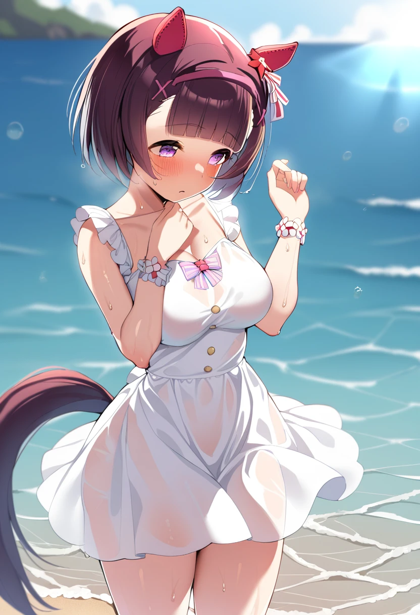 1 Girl,Nishino flower\(umamusume\),umamusume,shiny skin,sweat,blush,large breasts,sundress,white dress,see-through,standing,water,sea,cowboy shot,masterpiece,best quality,very aesthetic,mid,absurdres,