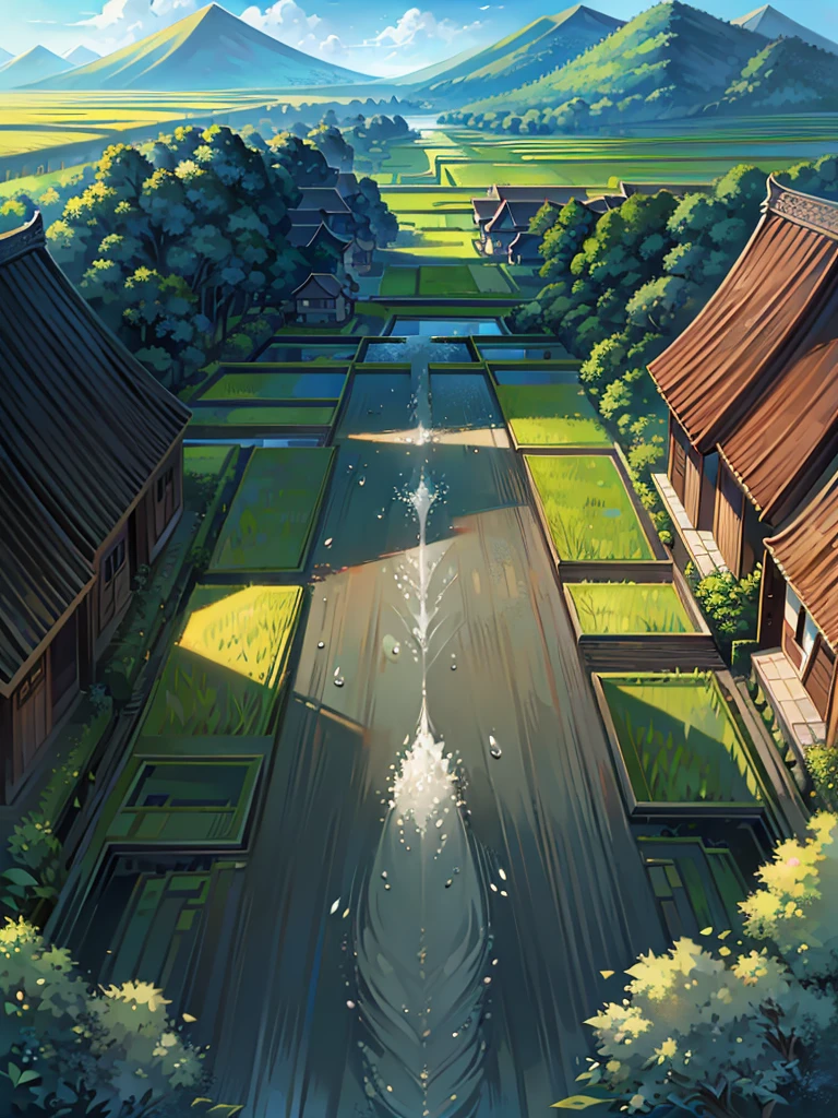 Peaceful scenery、The rice fields are spreading、A row of cute houses、Landscape painting