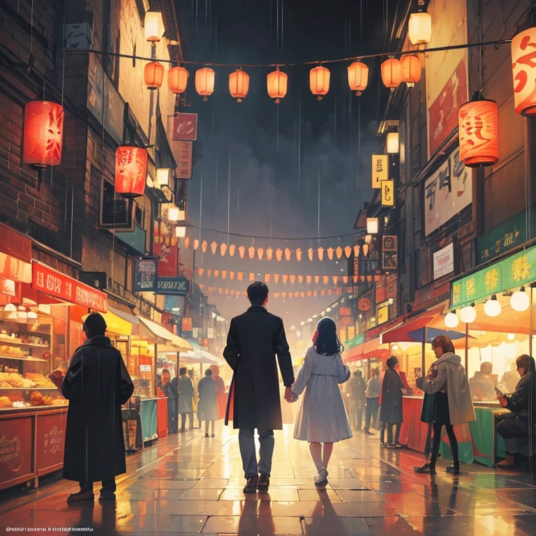 This illustration shows the character standing in the foreground, with his back turned. Character faces are pixelated for privacy. The background depicts a festival night market or street decorated with traditional lanterns, with lights floating above to emit a warm glow. It is raining and the ground is reflecting a lot of light. There are several people in the background, suggesting a communal event or celebration. This illustration combines traditional elements with modern aesthetics and is interesting in relation to cultural, festival and digital art themes.
