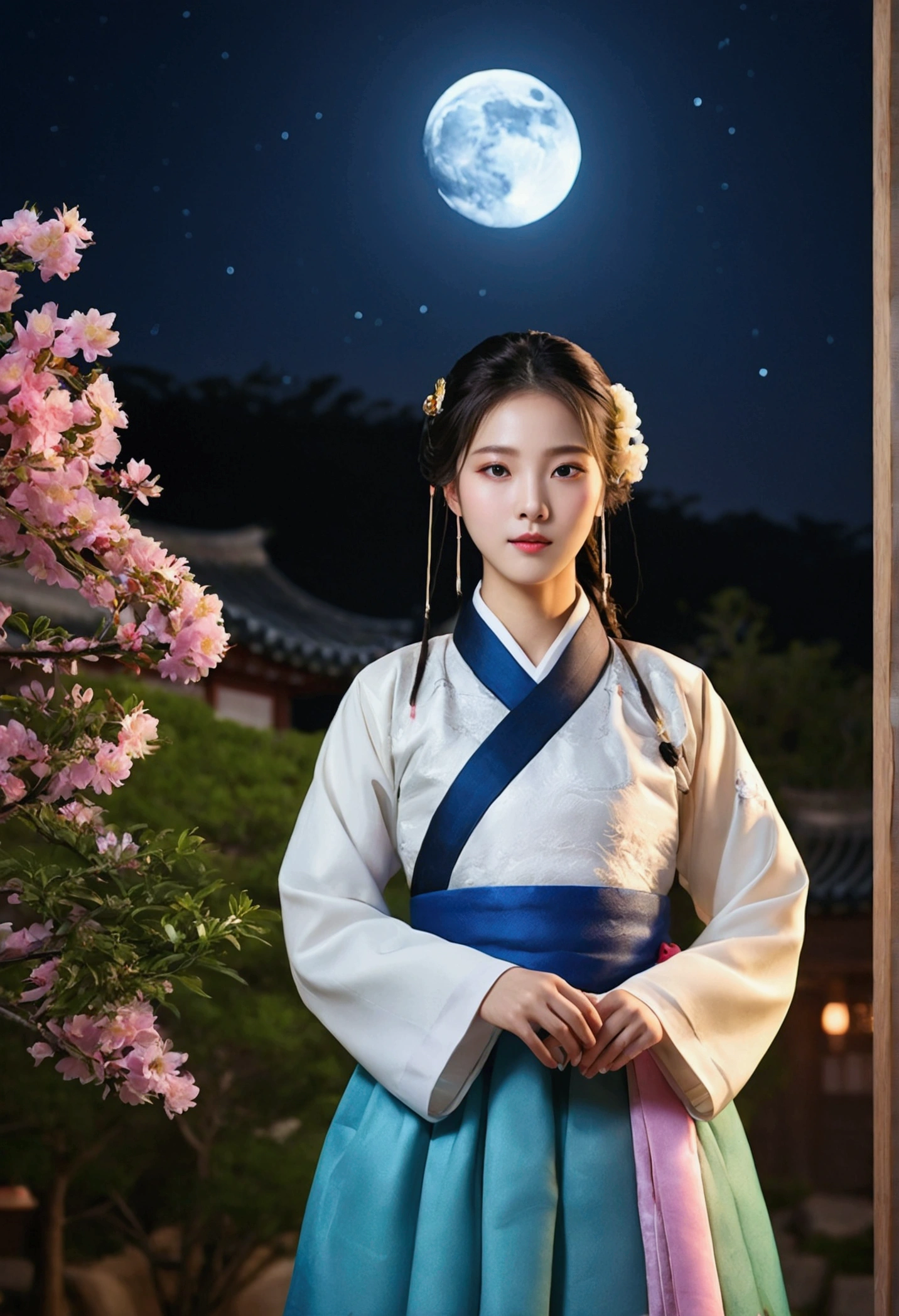 Highest quality, expensive_solve, clear_image, Detailed Background ,girl, Hanbok,flower,garden,moon, night,