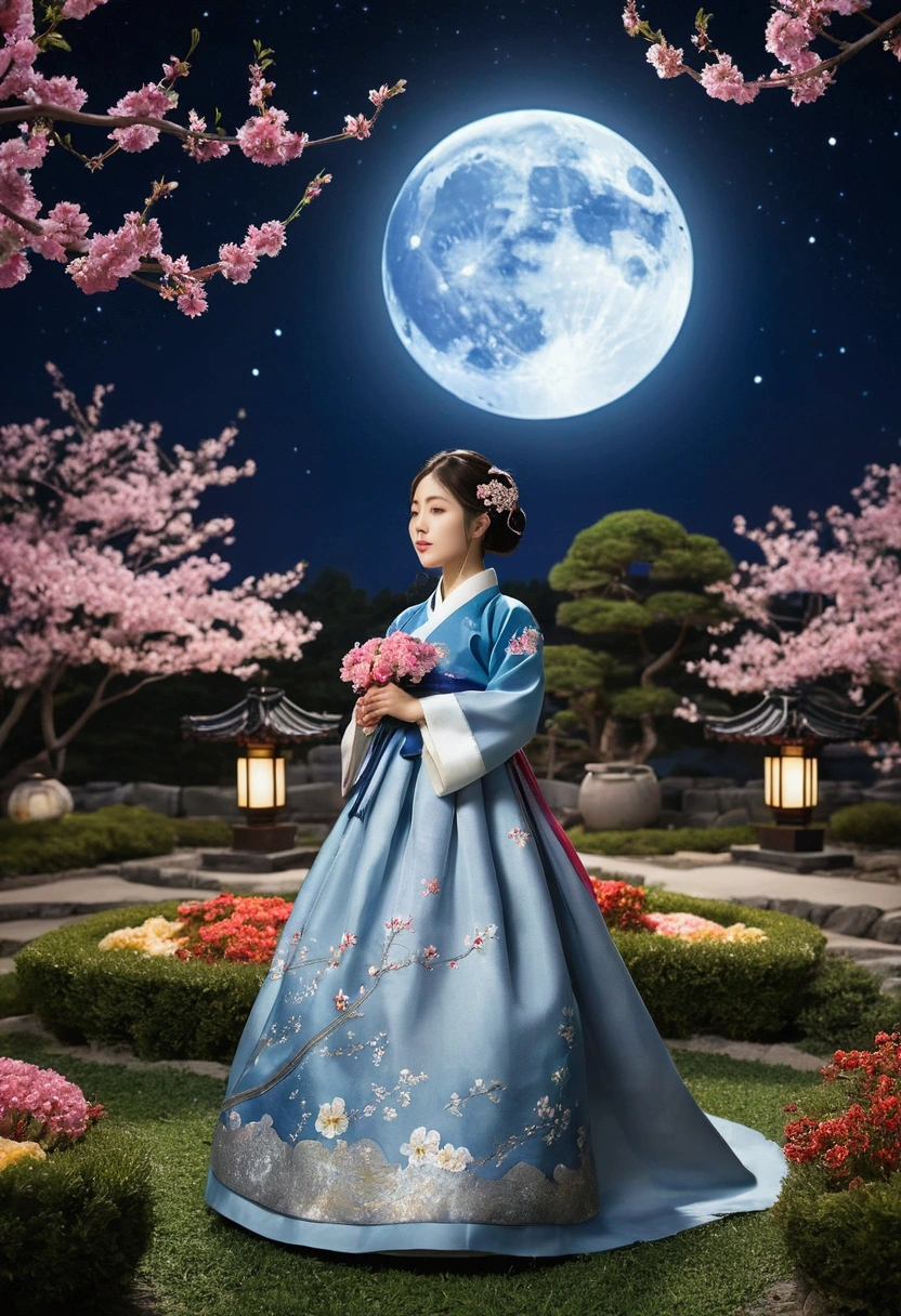 Highest quality, expensive_solve, clear_image, Detailed Background ,girl, Hanbok,flower,garden,moon, night,