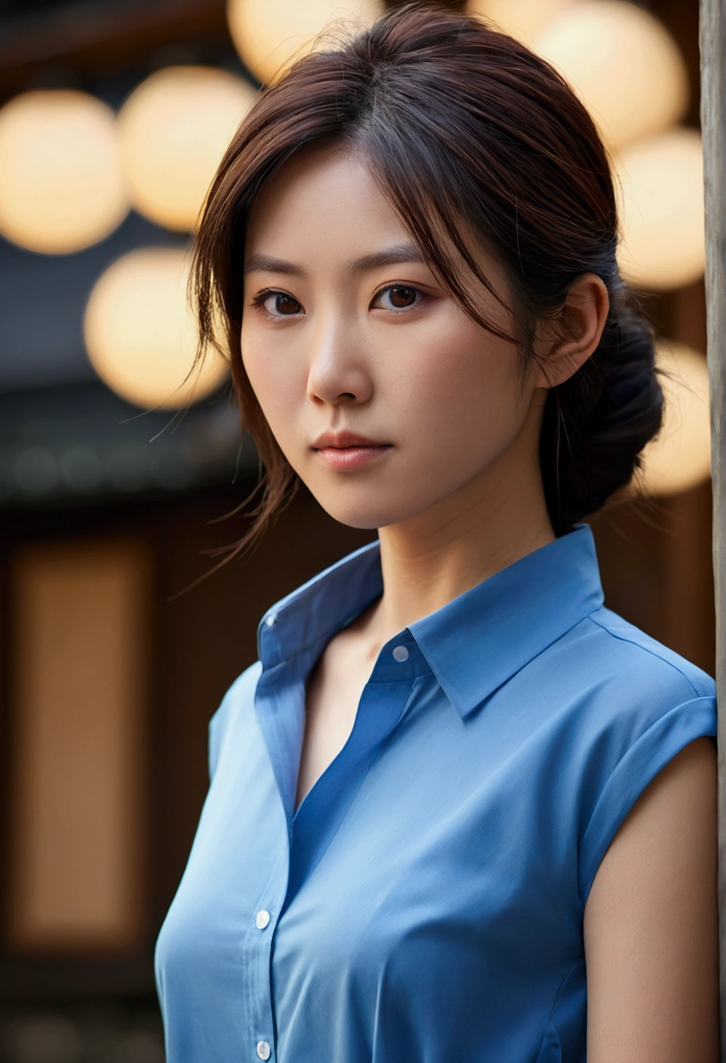 woman,Japanese,Blue Shirt,No sleeve,Realistic details, High resolution,Bokeh,Excellent details