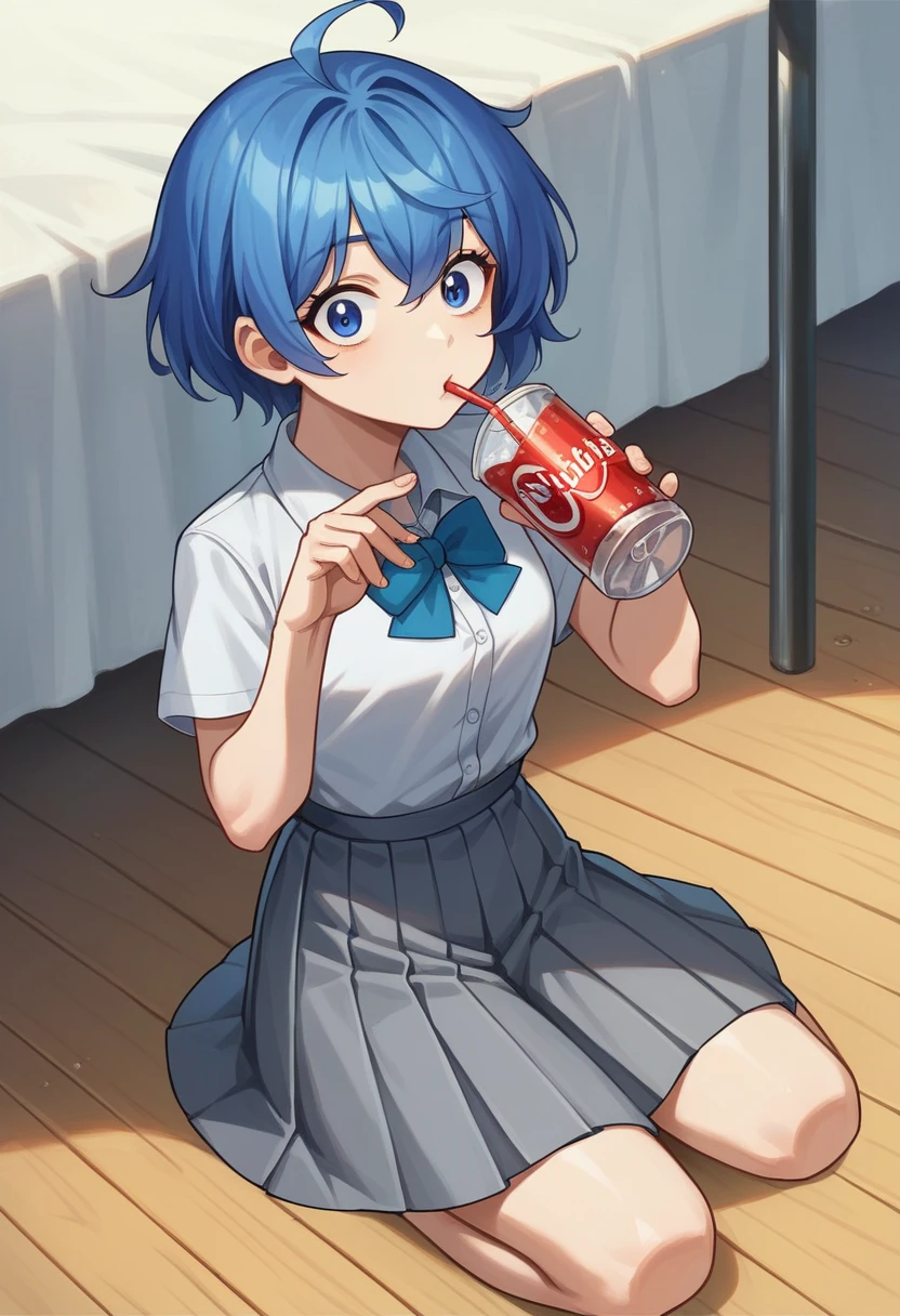 (masterpiece, best quality, very aesthetic, ultra detailed), intricate details, 1girl,,anna_yanami, skirt, blue eyes, blue hair, bow, shirt, ahoge, short sleeves, grey skirt, pleated skirt, , drinking, soda, straw in soda glass, kneeling, wooden floor, looking at viewer, surprised facial expression