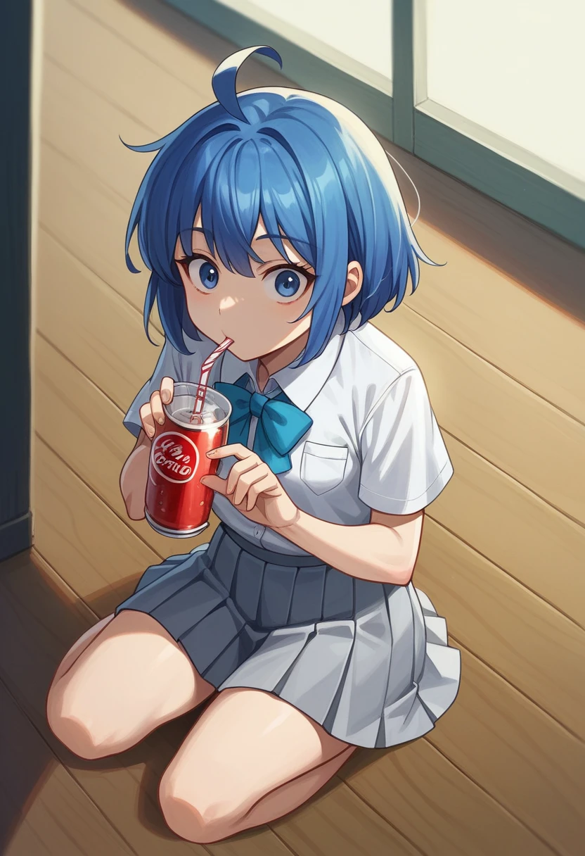 (masterpiece, best quality, very aesthetic, ultra detailed), intricate details, 1girl,,anna_yanami, skirt, blue eyes, blue hair, bow, shirt, ahoge, short sleeves, grey skirt, pleated skirt, , drinking, soda, straw in soda glass, kneeling, wooden floor, looking at viewer, surprised facial expression