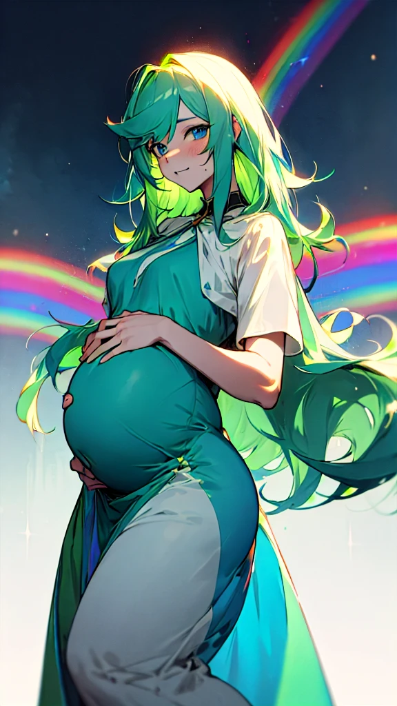 Pregnant trans man,long dark green hair, blue eyes, rainbow dress