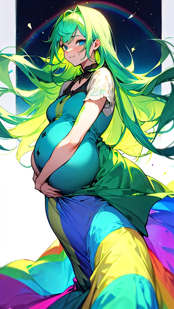 Pregnant trans man,long dark green hair, blue eyes, rainbow dress