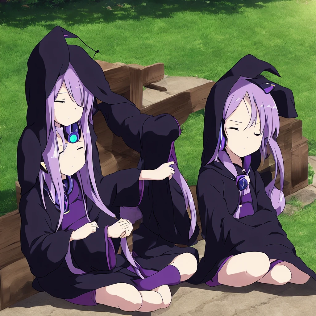 1 person. Anime girl with long purple hair and black robe. Pointy ears. Cute as in manga. Sitting with eyes closed. Headphones. Witch hat on the ground.