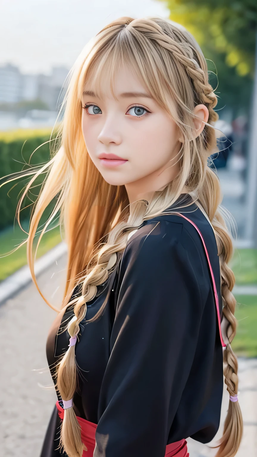 Sexy Big 、Sexy cute looks and cute 15 year old beautiful girl, beautiful and sexy face、A strong wind blows my hair in front of my face、beautiful long blonde French braided hair、beautiful, Cute and sexy eyes hidden behind long bangs
