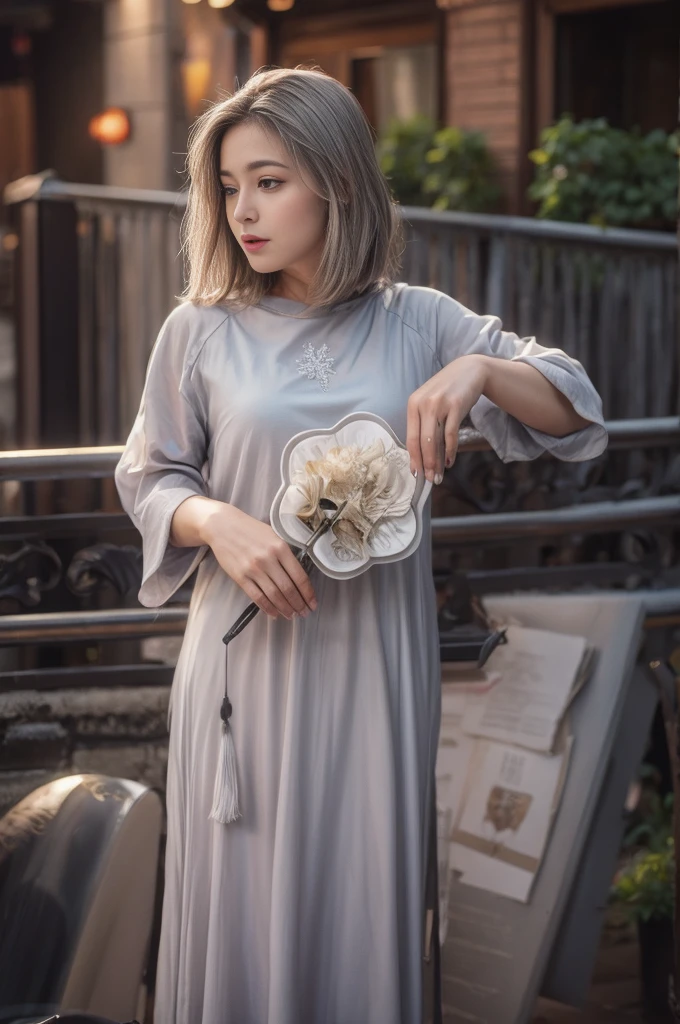 (best quality:1.4), (masterpiece:1.4), ultra-high resolution, 8K, CG, exquisite, upper body, , Thumbelina, little princess, blue taffeta court dress, snowflake background, detailed facial features, silver-gray hair, almond-shaped eyes, intricate eye makeup, long eyelashes, gray eyes and starry gaze, intricate lip details, soft and harmonious style