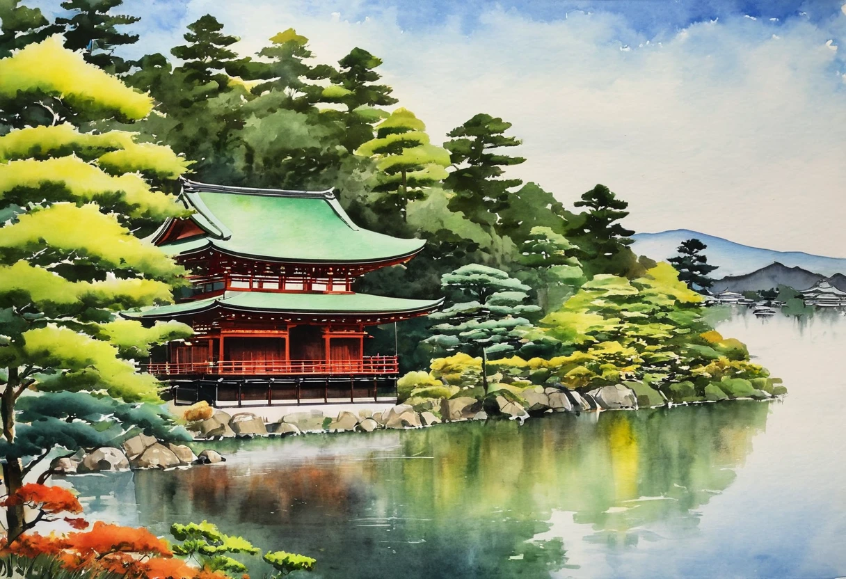 (Street:1.5), (ink and watercolor painting:1.5), (Tasteful:1.5), (ink and watercolor painting:1.5), (full color:1.5), 8k, 4k, (landscapes:1.5),(green trees:1.5),(wind:1.5),(kyoto:1.5), kinkakuji temple, golden temple beside lake,