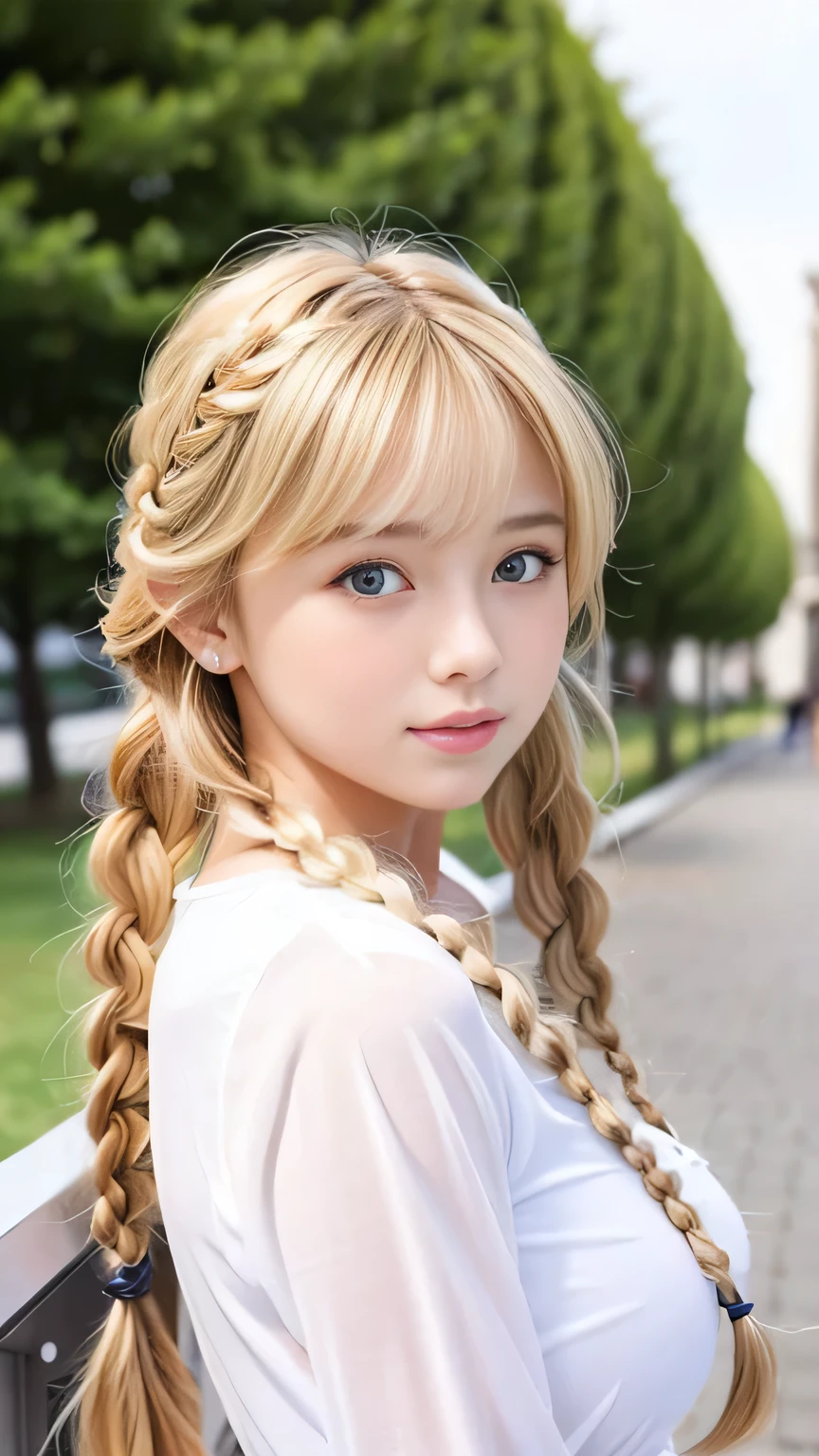 Sexy Big 、Sexy cute looks and cute 15 year old beautiful girl, beautiful and sexy face、A strong wind blows my hair in front of my face、beautiful long blonde French braided hair、beautiful, Cute and sexy eyes hidden behind long bangs
